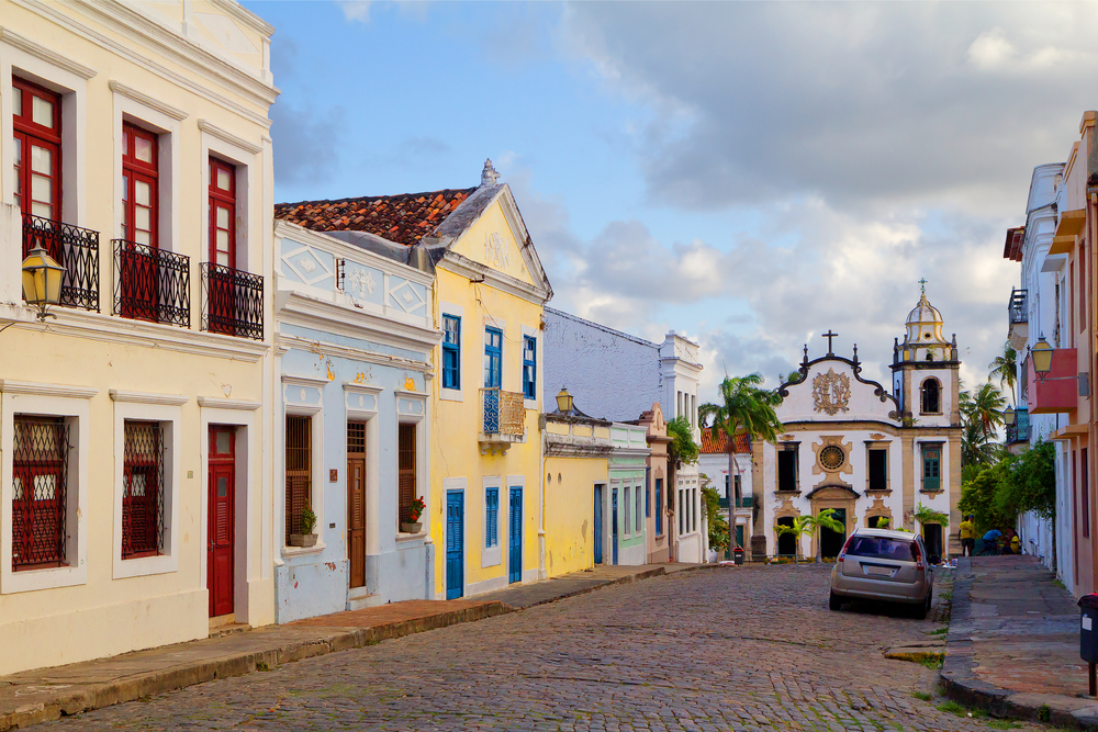 Pastel coloured houses on a street in Olinda